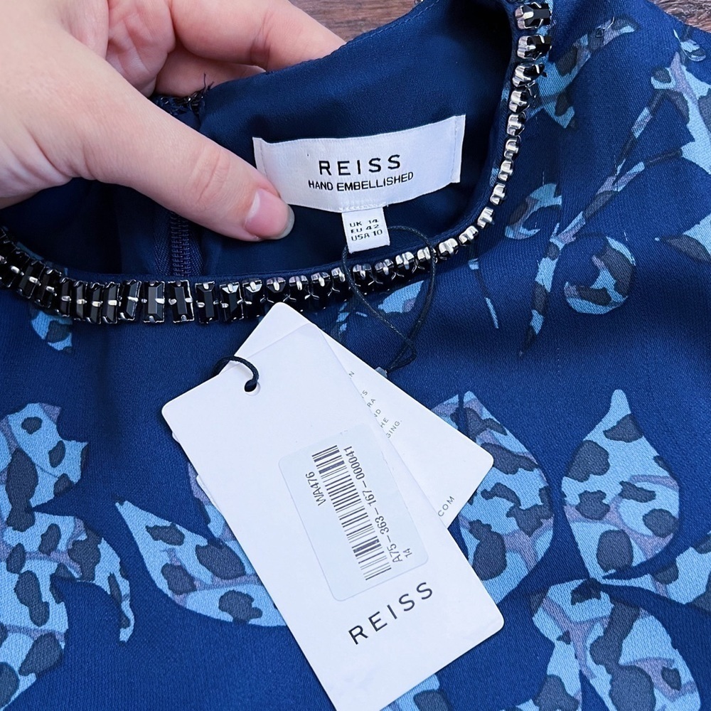 REISS • Melody Printed Dress With Embellished Detail blue floral beaded mini - Picture 4 of 15